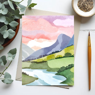 Grüner Berghang Sonnenaufgang   Aquarell Postkarte