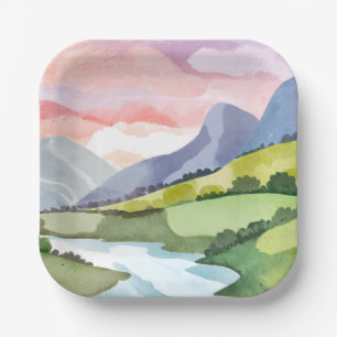 Grüner Berghang Sonnenaufgang   Aquarellmalerei Pappteller