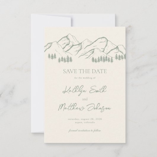 Grüner Bergkiefernbaum Hochzeit im Freien Save The Date (Vorderseite)