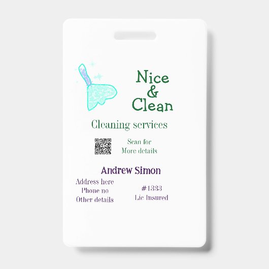 Grüner blauer Gitter-Reinigungsmopp Name Adresse Q Ausweis (Vorderseite)