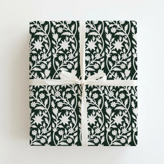 Grüner Blumen-Blockdruck Geschenkpapier