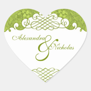 Grüner BlumenDamast und Skulpturen für Hochzeitskl Herz-Aufkleber