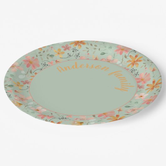 Grüner, blumenfarbener Wasserfarbenorange Pappteller (Schrägansicht)
