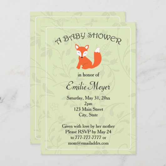 Grüner Blumenfox-Kinderdusche Einladung (Vorne/Hinten)