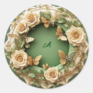 Grüner Blumenrahmen mit rosa Rosen Runder Aufkleber