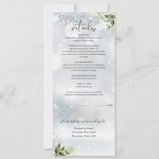 Grüner Blumenschnee in einer Winterhochzeit Einladung (Rückseite)