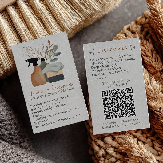 Grüner Boho-Reinigungsdienst-Maid-QR-Code Visitenkarte