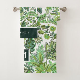 Grüner Boho Vintage Blumenmonogramm Badhandtuch Set