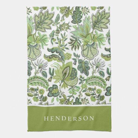 Grüner Boho Vintage Blumenmonogramm Geschirrtuch (Vertikal)