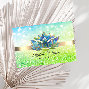 Grüner Bokeh Gold, Blauer Lotus Yoga Visitenkarte