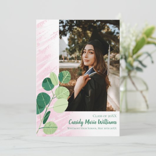 Grüner botanischer Elegant Rosa Abschluss Einladung (Stehend Vorderseite)