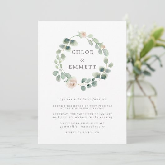 Grüner Botanischer Kranz, Hochzeit mit weißer Blüt Einladung (Stehend Vorderseite)