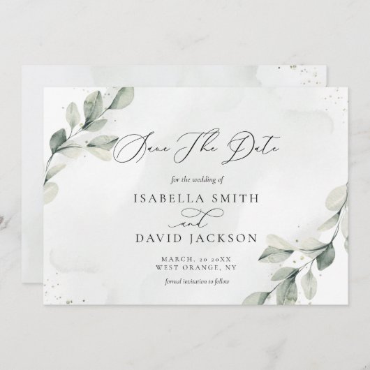 Grüner botanischer Rustikaler Eukalyptus-Barn Save The Date (Vorne/Hinten)