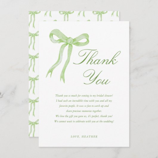 Grüner Bow Sie bindet das Brautparty des Knotens Dankeskarte (Vorne/Hinten)