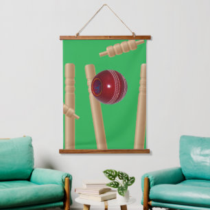 grüner Bowling auf Cricket, Wandteppich Mit Holzrahmen