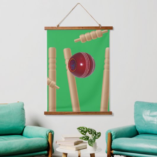 grüner Bowling auf Cricket, Wandteppich Mit Holzrahmen (Wohnzimmer)