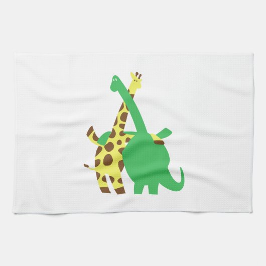 Grüner Brachiosaurus und Giraffenhugge Cartoon Geschirrtuch (Horizontal)