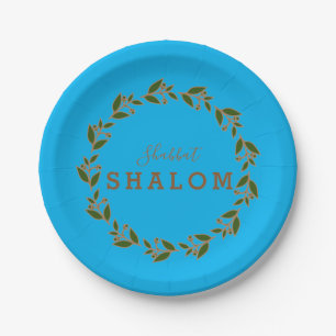 Grüner brauner Kranz, Shabbat Shalom Aquarell Pappteller