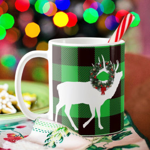 Grüner Büffel-Kariert-Elch-Weihnachtskranz Kaffeetasse
