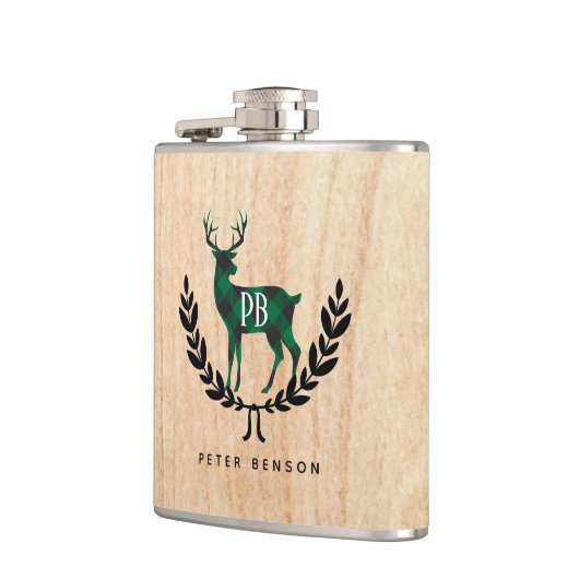 Grüner Büffel-kariertes Hirsch-Monogramm Flachmann (Links)