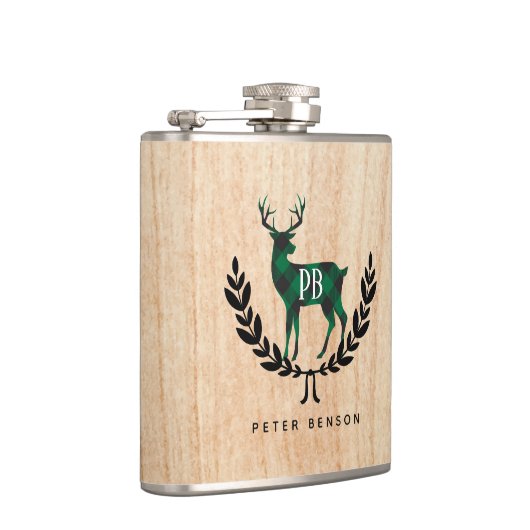 Grüner Büffel-kariertes Hirsch-Monogramm Flachmann (Rechts)