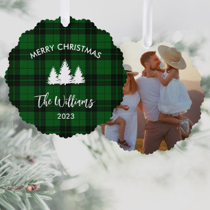 Grüner Büffel-Karo Familienfoto Ornament Karte