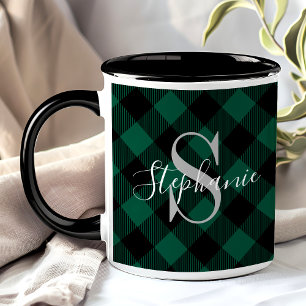Grüner Büffel-Karo-Rustikale Monogramm-Name Tasse
