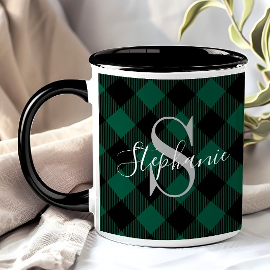 Grüner Büffel-Karo-Rustikale Monogramm-Name Tasse