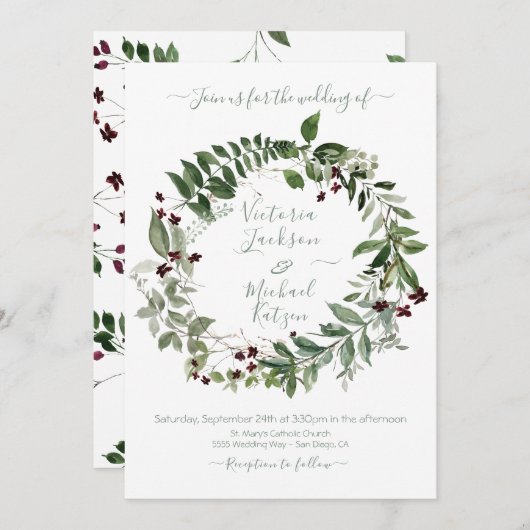 Grüner Burgunder Blumenkranz Einladung (Vorne/Hinten)