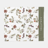 Grüner Burgunder-Wildblumen-Monogramm-Name Fleecedecke (Vorderseite (Horizontal))