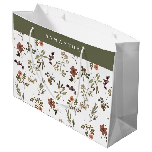 Grüner Burgunder Wildblumen-Monogramm-Name Große Geschenktüte (Rückseite Schrägansicht)