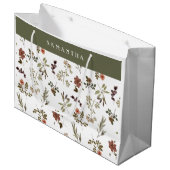 Grüner Burgunder Wildblumen-Monogramm-Name Große Geschenktüte (Vorderseite Schrägansicht)