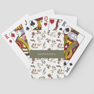 Grüner Burgunder-Wildblumen-Monogramm-Name Spielkarten