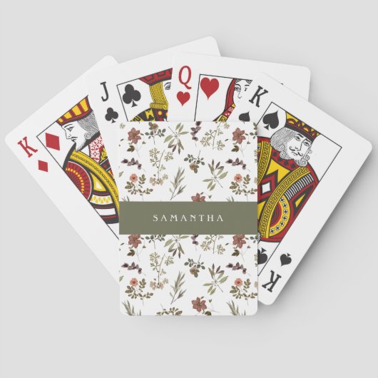 Grüner Burgunder-Wildblumen-Monogramm-Name Spielkarten (Rückseite)