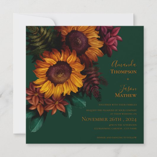 Grüner Burnt Orange Bloral Hochzeit Einladung (Vorderseite)