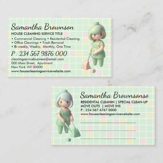 Grüner Cartoon Janitorial Lady Cleaning Ernennung Visitenkarte (Vorne/Hinten)