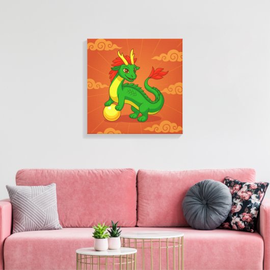 Grüner chinesischer Drache auf Rot Leinwanddruck (Insitu (Wohnzimmer))