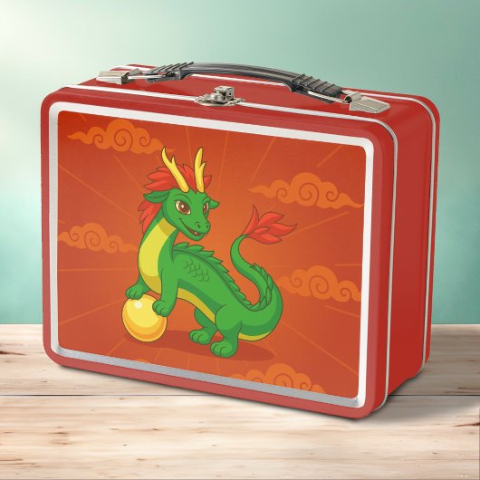 Grüner chinesischer Drache auf Rot Metall Brotdose