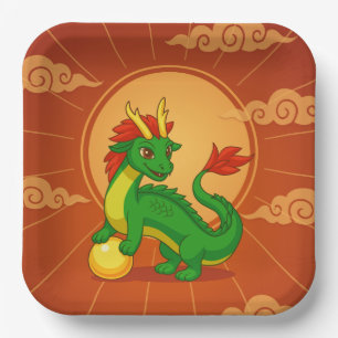 Grüner chinesischer Drache auf Rot Pappteller