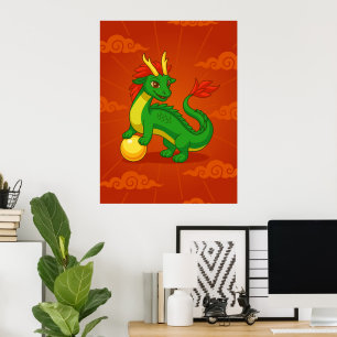Grüner chinesischer Drache auf Rot Poster
