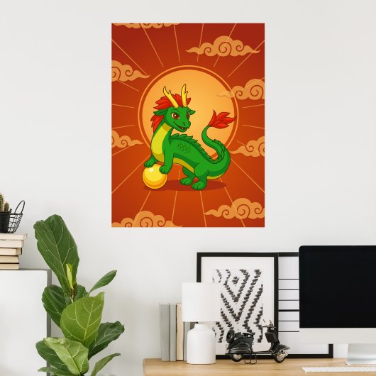 Grüner chinesischer Drache auf Rot Poster (Heimbüro)