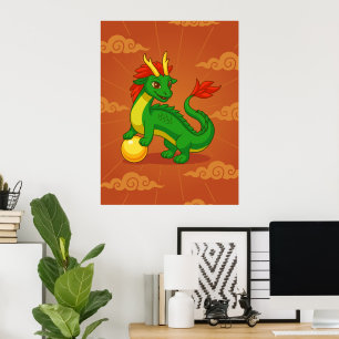 Grüner chinesischer Drache auf Rot Poster