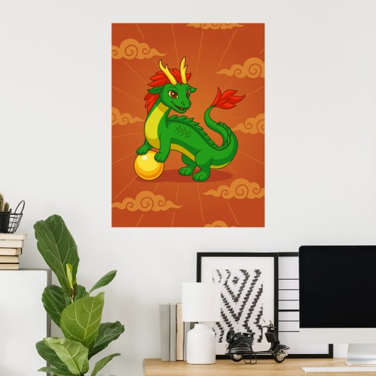 Grüner chinesischer Drache auf Rot Poster (Heimbüro)
