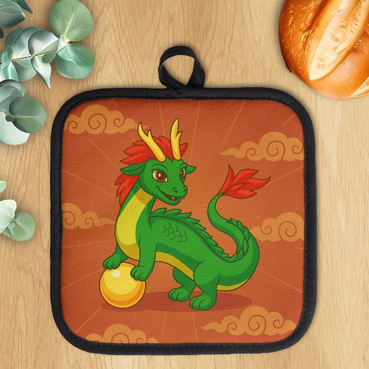 Grüner chinesischer Drache auf Rot Topflappen