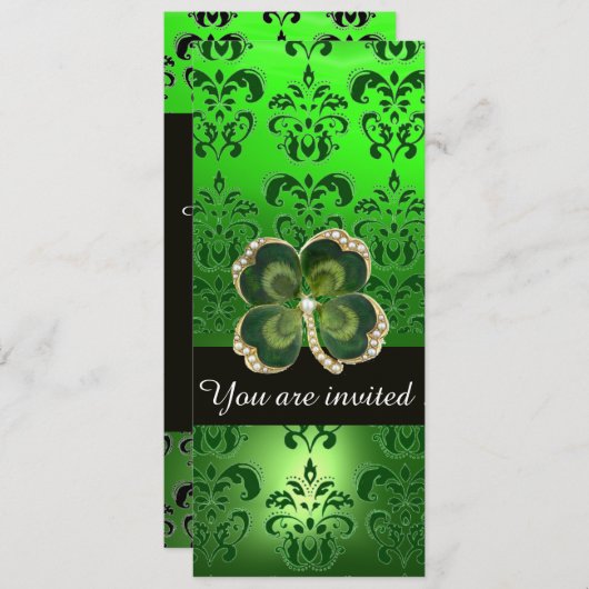 GRÜNER DAMASK, GOLD KLEEBLATT JEWEL MIT WEISSEN PF EINLADUNG (Vorne/Hinten)