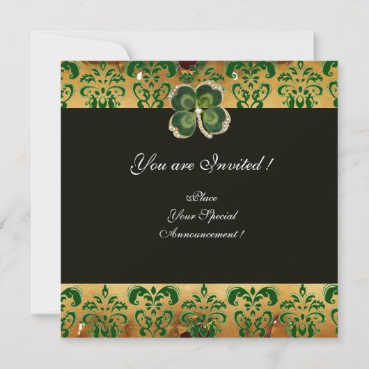 GRÜNER DAMASK, GOLD KLEEBLATT JEWEL MIT WEISSEN PF EINLADUNG (Rückseite)