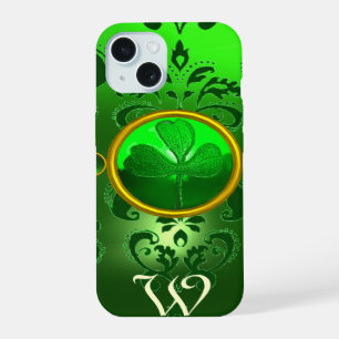 GRÜNER DAMAST-MONOGRAMM DES KLEEBLATTS VON ST. PAT iPhone 15 HÜLLE