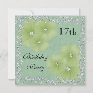 Grüner Damast u. Blumen-17. Geburtstag Einladung