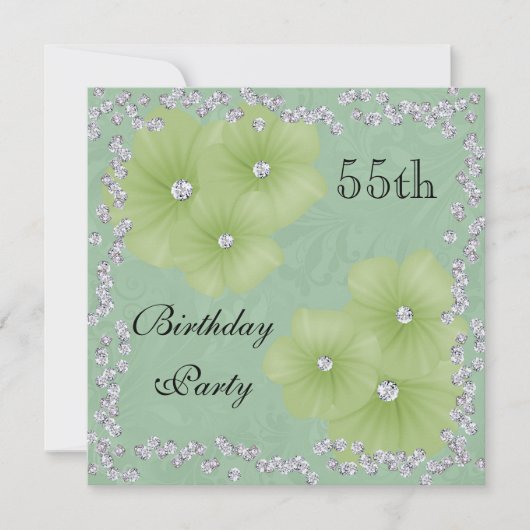 Grüner Damast u. Blumen-55. Geburtstag Einladung (Vorderseite)