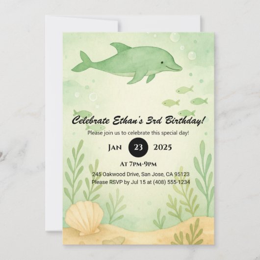 Grüner Delfin & Unterwasser-Garten Geburtstag  Einladung (Vorderseite)
